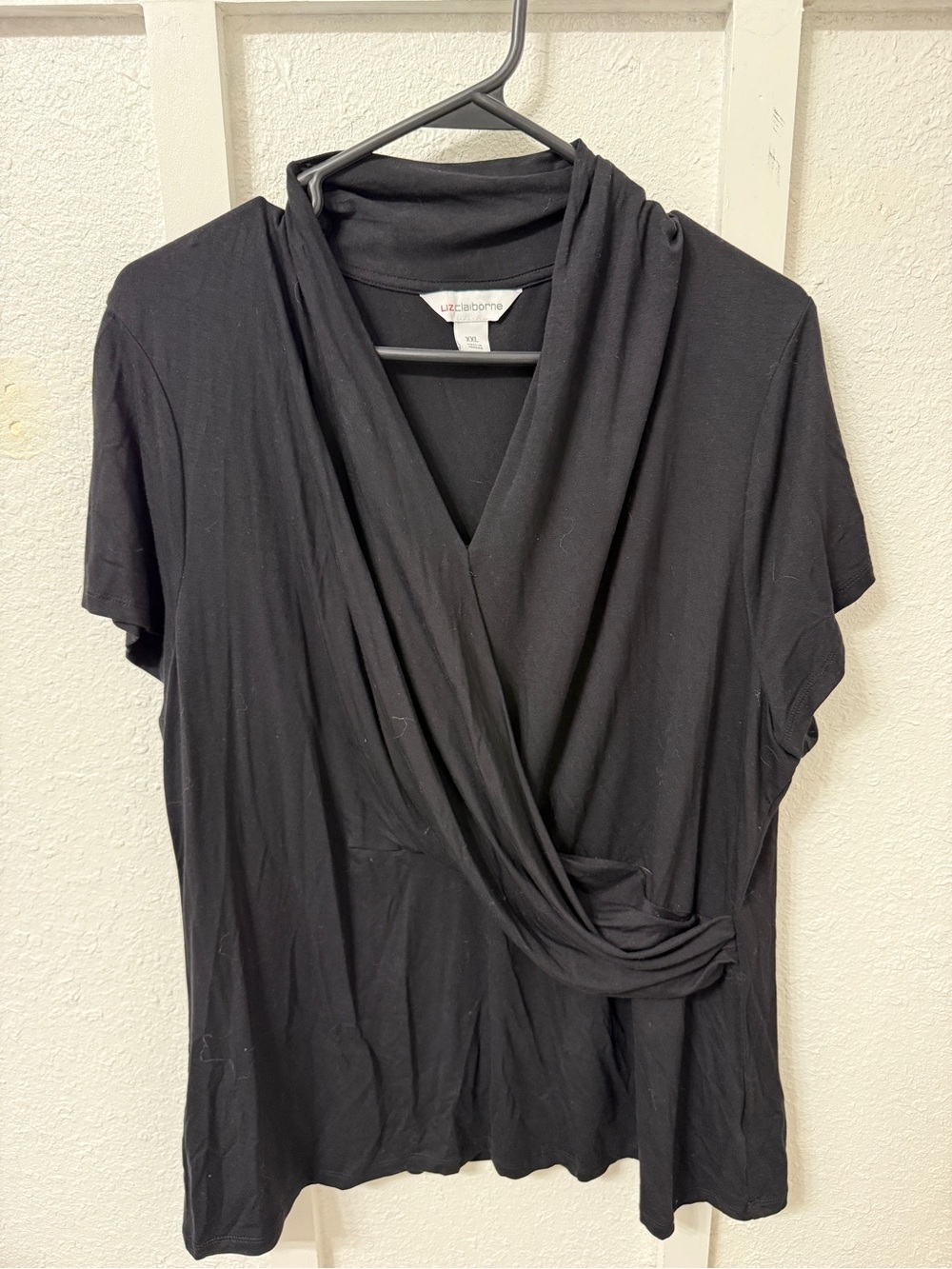 Liz Claiborne Black Draped Wrap-Style Short Sleeve Top